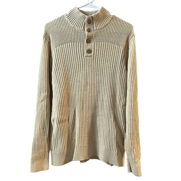 L.L. Bean Sweater Mens Large Beige Mock Neck Knit Preppy Outdoors Cotton Button - Picture 2 of 11